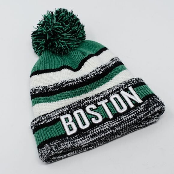 Boston Celtics Knit Pom Beanie Hat Green/White/Black Striped Winter Cap - Picture 1 of 5